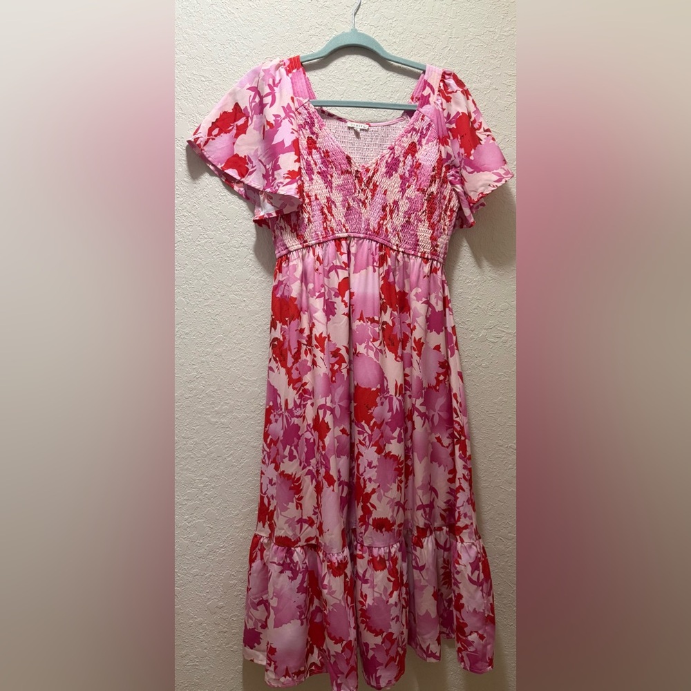 Like New, Pink & Red Floral Smocked Midi Dress, Size S